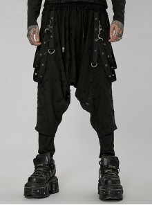 Black Punk Casual Irregular Pattern Detachable D-Shaped Buckle Lateral Loop Hanging Crotch Pants Male