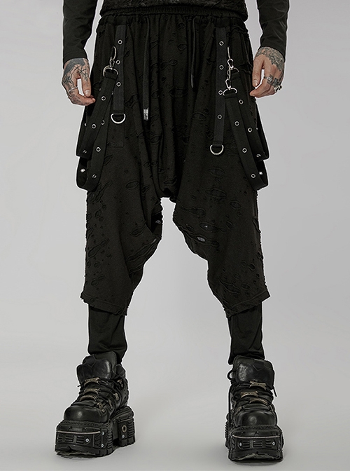 Black Punk Casual Irregular Pattern Detachable D-Shaped Buckle Lateral Loop Hanging Crotch Pants Male
