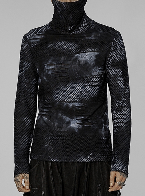 Black-Grey Super High Collar Masked Hanging Ear Irregular Printing Rip Mesh Splicing Punk Long Sleeves T-Shirt Male