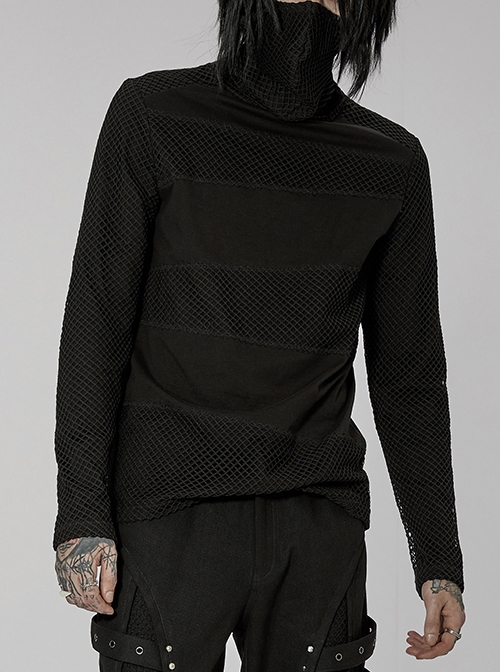 Black Super High Collar Masked Hanging Ear Splicing Mesh Punk Long Sleeves T-Shirt Male