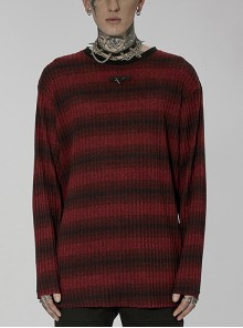 Black-Red Punk Casual Basic Crew Neck Striped Knit Sweater Male