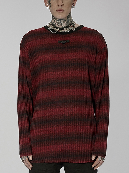 Black-Red Punk Casual Basic Crew Neck Striped Knit Sweater Male