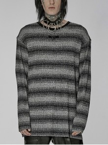 Punk Casual Basic Crew Neck Black-Gray Striped Knit Sweater Male