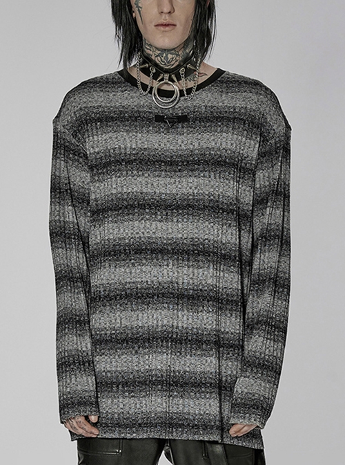 Punk Casual Basic Crew Neck Black-Gray Striped Knit Sweater Male