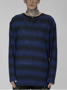 Black-Blue Punk Crew Neck Basic Casual Striped Knit Sweater Male