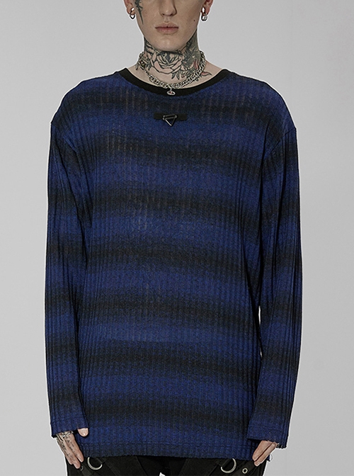 Black-Blue Punk Crew Neck Basic Casual Striped Knit Sweater Male