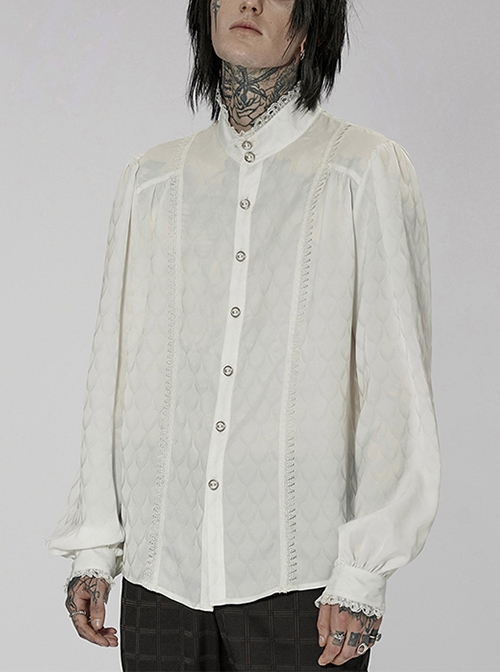 White Turtleneck Dragon Scale Jacquard Lantern Sleeves Lace Edge Punk Long Sleeves Shirt Male