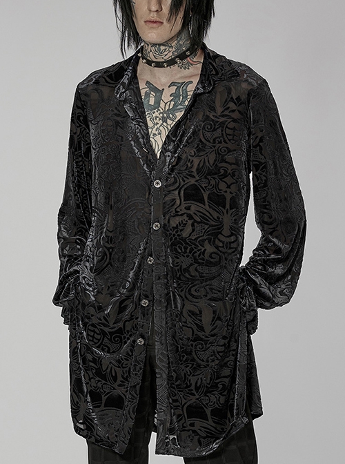 Stand Collar Velvet Jacquard Thick Edge Lantern Sleeve Punk Black Mid-Length Shirt Male