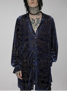 Blue Stand Collar Velvet Jacquard Thick Edge Lantern Sleeve Punk Mid-Length Long Sleeve Shirt Male