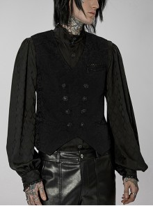 Punk V-Neck Asymmetrical Relief Sculpture Jacquard Double Row Hand Seam Button Slim Fit Black Vest Male