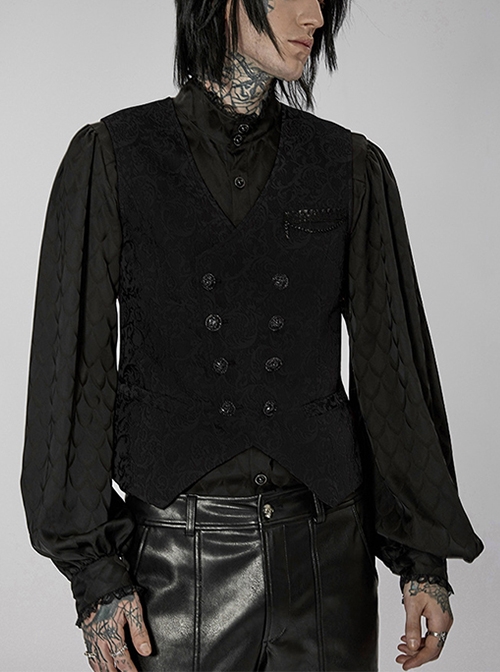 Punk V-Neck Asymmetrical Relief Sculpture Jacquard Double Row Hand Seam Button Slim Fit Black Vest Male