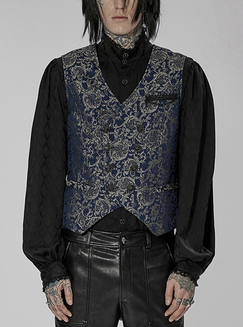 Blue Punk V-Neck Asymmetrical Relief Sculpture Jacquard Double Row Hand Seam Button Vest Male