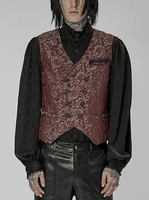 Red Gorgeous V-Neck Asymmetrical Relief Sculpture Jacquard Double Row Hand Seam Button Punk Vest Male