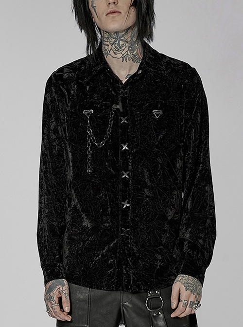 Black Stand Collar Velvet Crinkled Fabric X-Shaped Metal Buckle Detachable Chain Punk Long Sleeve Shirt Male