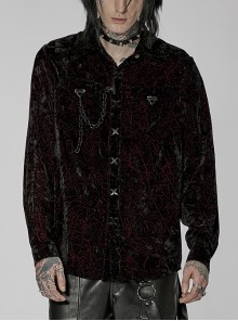 Punk Long Sleeve Stand Collar Velvet Crinkled Fabric X-Shaped Metal Buckle Detachable Chain Red Shirt Male