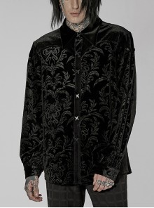 Black Velvet Panelled Embossed X-Button Stand Collar Loose Shirt Male
