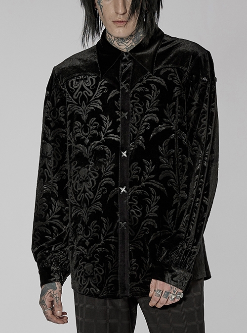 Black Velvet Panelled Embossed X-Button Stand Collar Loose Shirt Male