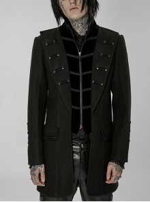 Standing Collar Splicing Front Metal Decorate Black Punk Casual Coat Male