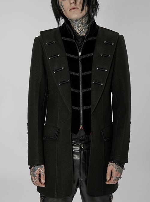 Standing Collar Splicing Front Metal Decorate Black Punk Casual Coat Male