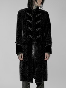 Weft Velveteen Gothic Print Splicing Stand Collar Lacework Decorate Black Punk Long Coat Male