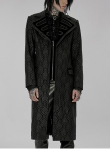 Black Woven Gothic Print Large Collar Simple Atmospheric Punk Mid-Length Coat Male