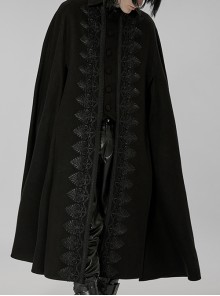 Stand Collar Front Gothic Lacework Decorate Side Slit Punk Black Long Cloak Male