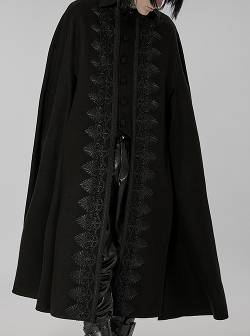 Stand Collar Front Gothic Lacework Decorate Side Slit Punk Black Long Cloak Male