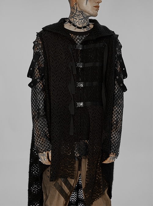 Punk Post-Apocalyptic Irregular Hem Knit Mesh Webbing Buckle Black Vest Male