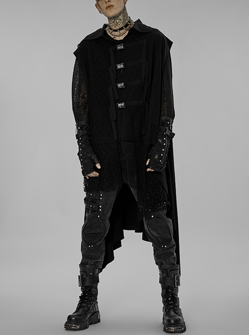 Punk Mesh Panel Irregular Hem Webbing Buckle Lapel Vest Black Male