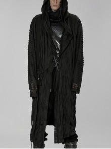 Black Folds Tearing Webbing Buckle Decoration Punk Knitted Hooded Coat Male