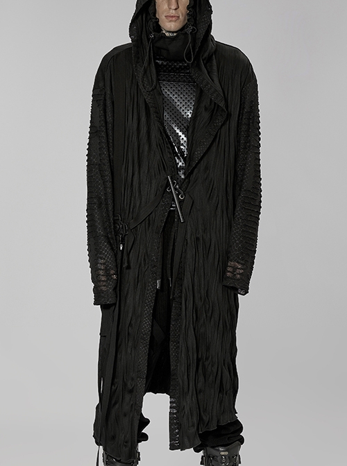 Black Folds Tearing Webbing Buckle Decoration Punk Knitted Hooded Coat Male