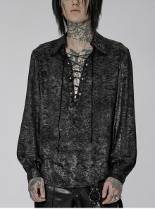 Punk Black-Silver Standing Collar Frenulum Metal Decoration Lantern Sleeve Flowered Shirt Male