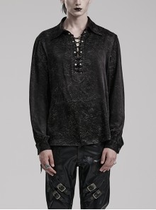 Punk Black-Silver Standing Collar Frenulum Metal Decoration Lantern Sleeve Flowered Shirt Male