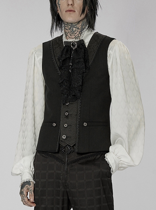 Punk V-Neck Jacquard Stitching Three-Dimensional Engraving Hand-Sewn Button Lace Black Short Vest Male