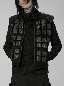 High Collar Front Geometric Patterns Splicing Design Shoulder Padded Webbing Buckle Black Twill Punk Vest Male