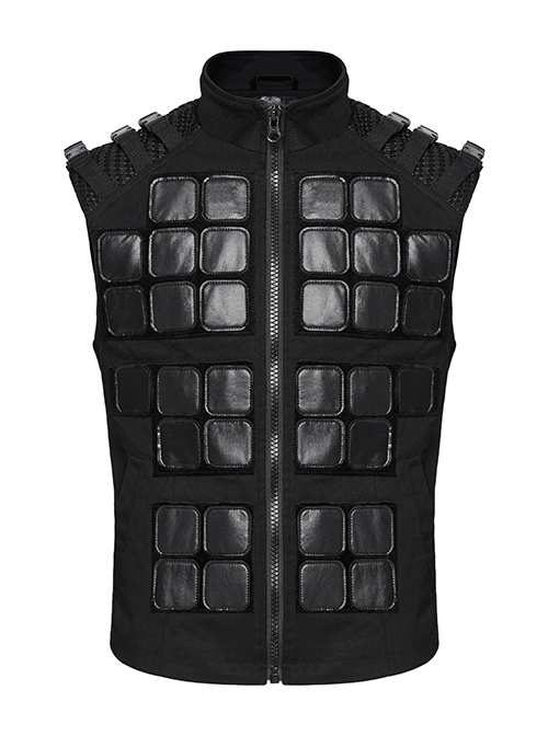 High Collar Front Geometric Patterns Splicing Design Shoulder Padded Webbing Buckle Black Twill Punk Vest Male
