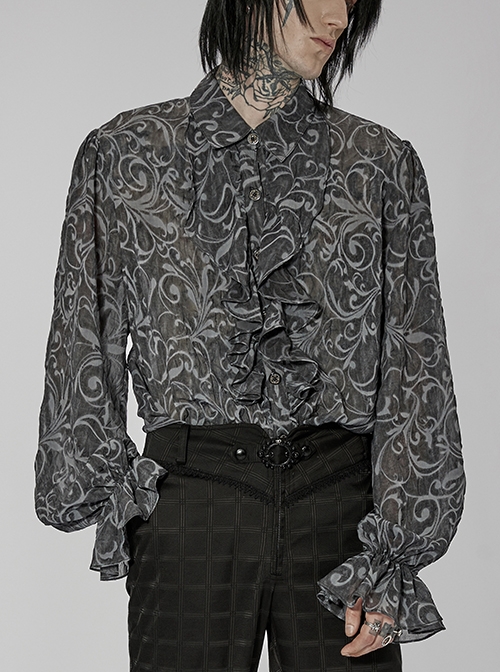 Punk Chiffon Gray Ruffle Stand Collar Wide-Brimmed Lantern Sleeves Retro Relief Sculpture Embossing Shirt Male