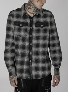 Punk Stand Collar Ghost Head Metal Button Woven Black-Grey Plaid Shirt Male