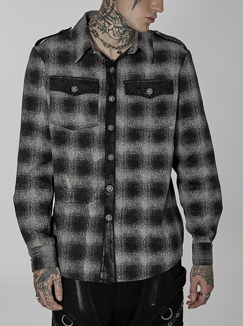 Punk Stand Collar Ghost Head Metal Button Woven Black-Grey Plaid Shirt Male