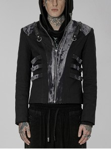 Black-Grey Stand Collar Metal Webbing Decorate Tie Dye Print Splicing Punk Short Coat Male