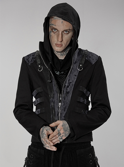 Black-Grey Stand Collar Metal Webbing Decorate Tie Dye Print Splicing Punk Short Coat Male