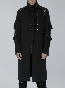 Punk Asymmetry High Collar Placket Metal Shoulder Detachable Webbing Black Knitted Coat Male