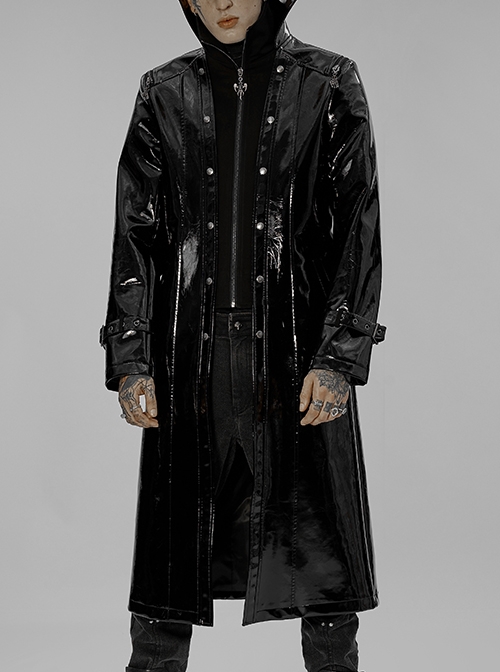 Black Punk Dual Stand Collar Design Metal Buckle Patent Leather Splicing Coat Male