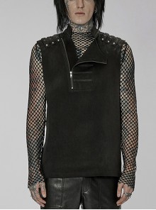 Stand Collar Anterior-Middle Asymmetry Design Zipper Shoulder Decorate Webbing Black Punk Vest Male
