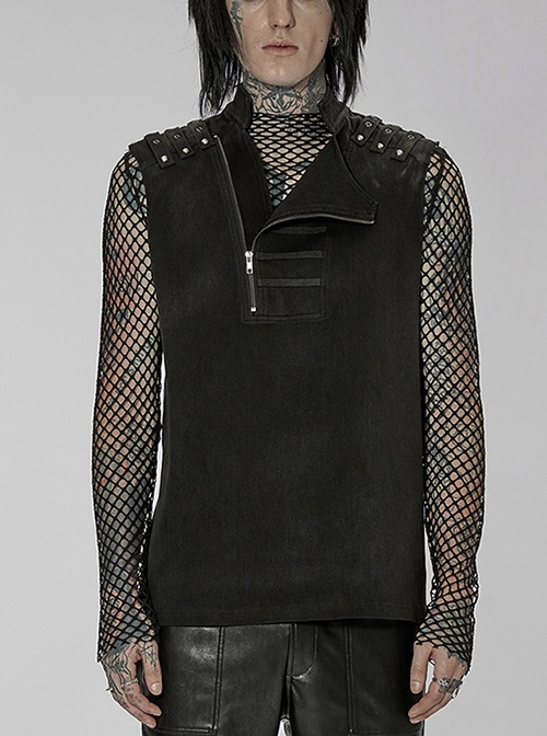 Stand Collar Anterior-Middle Asymmetry Design Zipper Shoulder Decorate Webbing Black Punk Vest Male