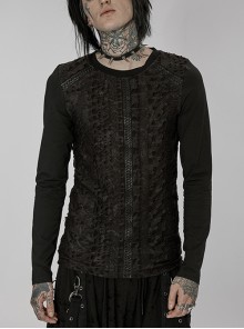 Punk Knitted Print Splicing Concave And Convex Webbing Decoration Black Long Sleeve T-Shirt Male
