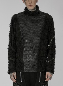 Black Punk Tattered Knitting Splicing High Collar Webbing Decorate Casual Pullover T-Shirt Male