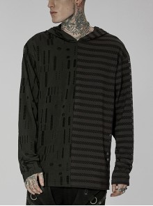Punk Personality Left-Right Asymmetrical Knitted Stitching Casual Black Hooded T-Shirt Male