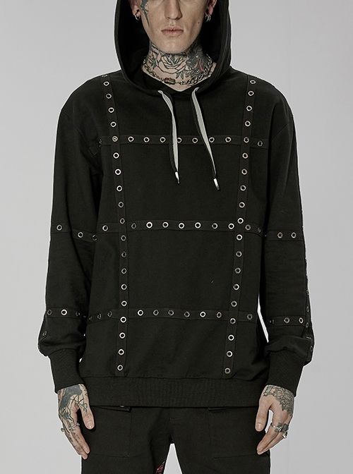 Punk Black Metal Webbing Segmentation Ring Sleeve Drawstring Hoodie Male