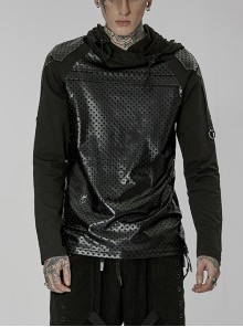 Punk Turtleneck Stretch Knit Panel Cutout Black Drawstring Hooded T-Shirt Male